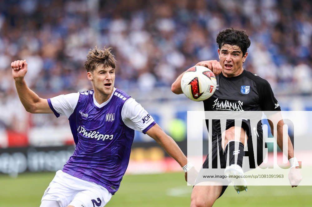 2026.08.15, Fußball, 2. Bundesliga, VfL Osnabrück - 1. FC Magdeburg, Stadion an der Bremer Brücke, 2.Spieltag, Saison 2026 2027: Anselmo Garcia MacNulty (1. FC Magdeburg 3) im Zweikampf gegen Bernd Riesselmann (VfL Osnabrueck 22) DFB regulations prohibit any use of photographs as image sequences and or quasi-video. Photo: WilkowskixPressefotoKochx Niedersachsen Deutschland