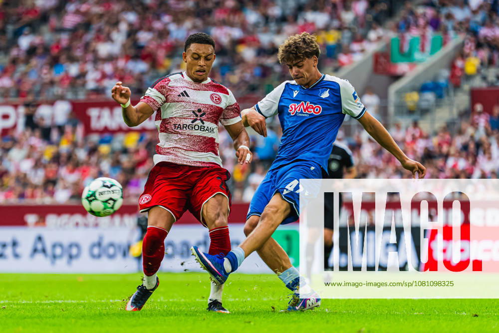Steven van der Sloot (Fortuna Düsseldorf, 02) wird im Zweikampf mit Maximilian Theuer (TSG Hoffenheim II, 47) vom Ball getrennt Fortuna Duesseldorf vs. TSG Hoffenheim II, Fussball, 3.Liga, 02.Spieltag, Saison 2026 27, 15.08.2026, DFL REGULATIONS PROHIBIT ANY USE OF PHOTOGRAPHS AS IMAGE SEQUENCES AND OR QUASI-VIDEO, Fortuna Duesseldorf vs. TSG Hoffenheim II, Fussball, 3.Liga, 2.Spieltag, Saison 2026 27, 15.08.2026 Düsseldorf