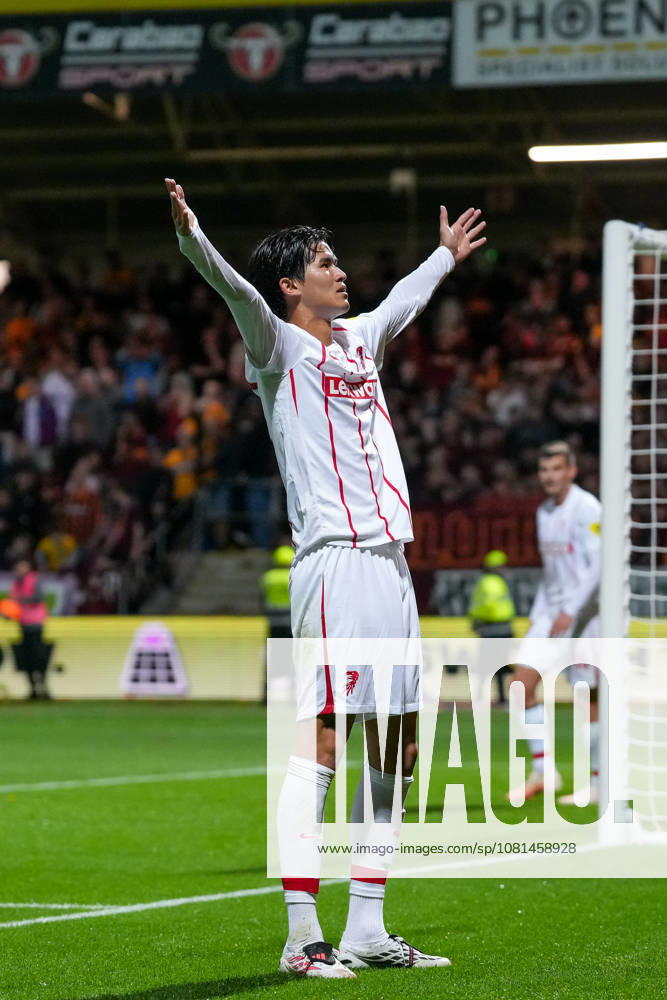 Keisuke Goto (SC Freiburg, 42) Torjubel, Emotionen, Torschuss, Abschluss, Torerfolg, Tor, Treffer , Schottland, Fussball, UEFA Conference League, Play-offs, Hinspiel, 2026 2027, Motherwell FC vs. SC Freiburg, 20.08.2026, Fir Park Stadium, Motherwell Motherwell Fir Park Stadium North Lanarkshire Schottland
