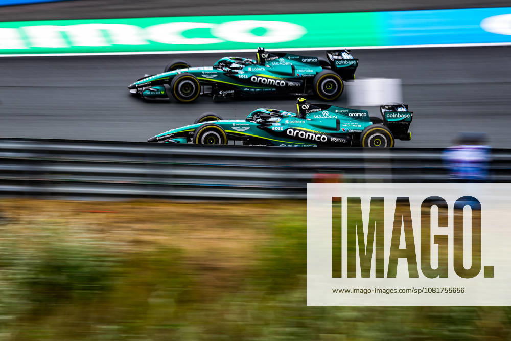 14 ALONSO Fernando (spa), Aston Martin F1 Team AMR26, 18 STROLL Lance (can), Aston Martin F1 Team AMR26, action overtake, overtaking, dÃ passement, depassement, overtakes, during the Formula 1 Dutch Grand Prix 2026, 12th round of the 2026 Formula One World Championship, WM, Weltmeisterschaft from August 21 to 23, 2026 on the Circuit Zandvoort, in Zandvoort, Netherlands Zandvoort Netherlands