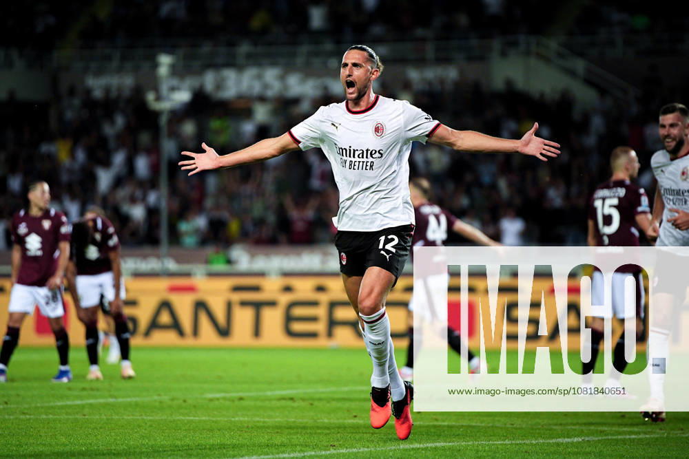 Milans Adrien Rabiot celebrates after scoring the 2-0 goal for his team during the Serie A soccer match between Torino and Milan at the Stadio Olimpico Grande Torino in Turin, north west Italy - Sunday, August 23, 2026. - Soccer .