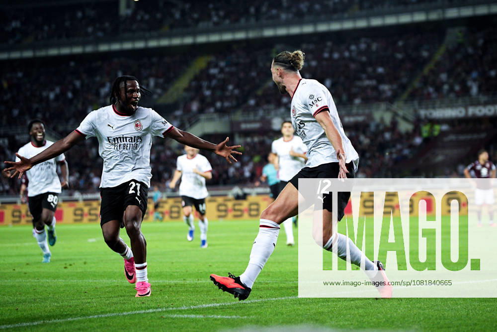 Milans Adrien Rabiot celebrates after scoring the 2-0 goal for his team during the Serie A soccer match between Torino and Milan at the Stadio Olimpico Grande Torino in Turin, north west Italy - Sunday, August 23, 2026. - Soccer .