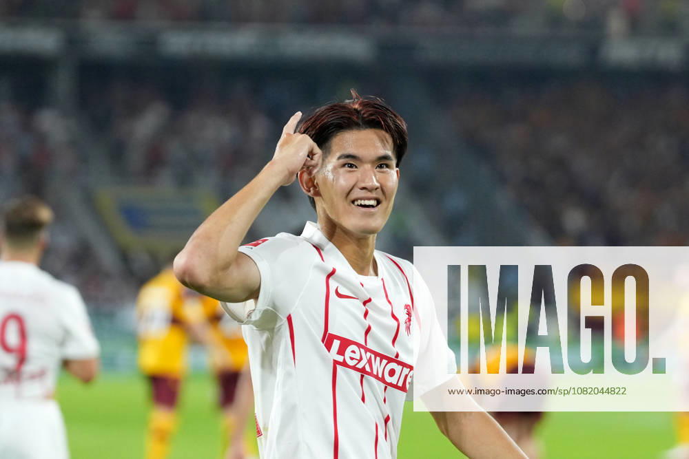 Keisuke Goto (SC Freiburg, 42) Torjubel, Emotionen, Torschuss, Abschluss, Torerfolg, Tor, Treffer , Deutschland, Fussball, UEFA Conference League, Play-offs, Rückspiel, 2026 2027, SC Freiburg vs. Motherwell FC, 27.08.2026, Europa-Park Stadion, Freiburg Freiburg Europa-Park Stadion Baden-Württemberg Deutschland