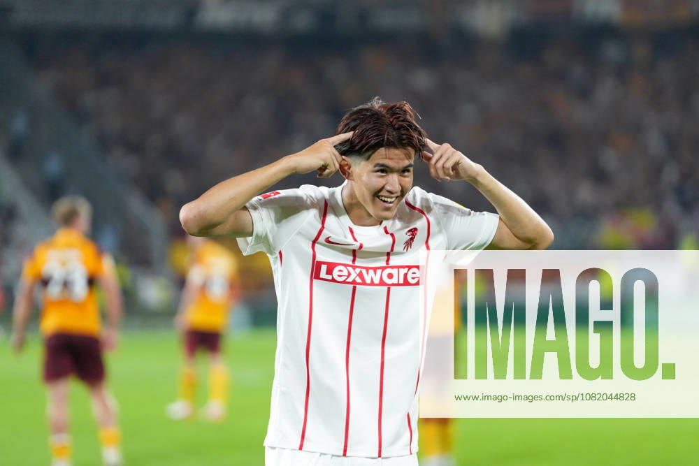 Keisuke Goto (SC Freiburg, 42) Torjubel, Emotionen, Torschuss, Abschluss, Torerfolg, Tor, Treffer , Deutschland, Fussball, UEFA Conference League, Play-offs, Rückspiel, 2026 2027, SC Freiburg vs. Motherwell FC, 27.08.2026, Europa-Park Stadion, Freiburg Freiburg Europa-Park Stadion Baden-Württemberg Deutschland