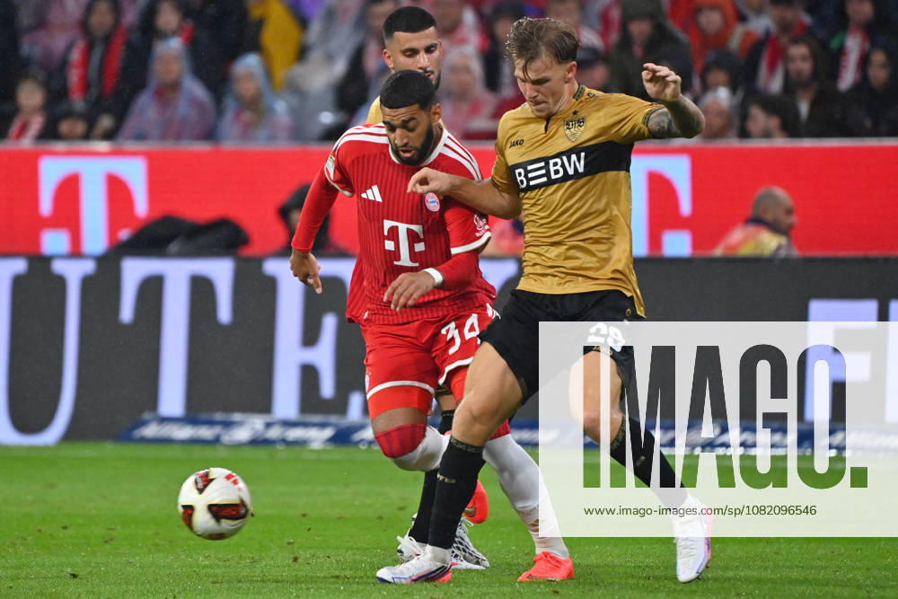 Ismael SAIBARI (Bayern Muenchen), Aktion,Zweikampf gegen Finn JELTSCH (VFB Stuttgart). Fussball 1. Bundesliga Saison 2026 2027, 1.Spieltag, Spieltag01, FC Bayern Muenchen - VfB Stuttgart 5-1 am 28.08.2026 , A L L I A N Z A R E N A.