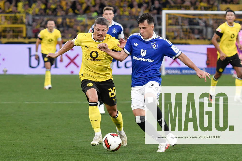 V. li. im Zweikampf Marcel Sabitzer (Dortmund 20) Nicolas Capaldo (SV 24) 29.08.2026 ¢ Fussball ¢ Borussia Dortmund vs Hamburger SV, Signal Iduna Park, Dortmund, DFB DFL REGULATIONS PROHIBIT ANY USE OF PHOTOGRAPHS AS IMAGE SEQUENCES AND OR QUASI-VIDEO NRW Germany