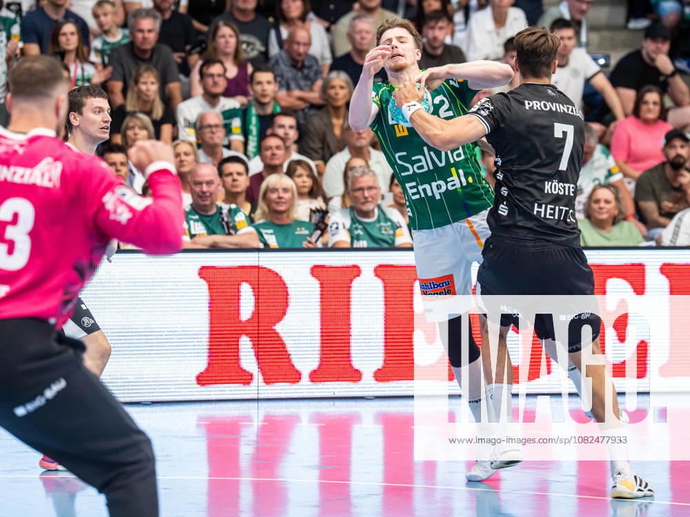 Erik Persson (Frisch Auf Goeppingen, 22) im Zweikampf mit Julian Koester (THW Kiel, 07), Frisch Auf Goeppingen vs. THW Kiel, Handball, 1. Bundesliga, Herren, Spielzeit 2026 2027, 06.09.2026, Frisch Auf Goeppingen vs. THW Kiel, Handball, 1. Bundesliga, Herren, Spielzeit 2026 2027, 06.09.2026 Goeppingen