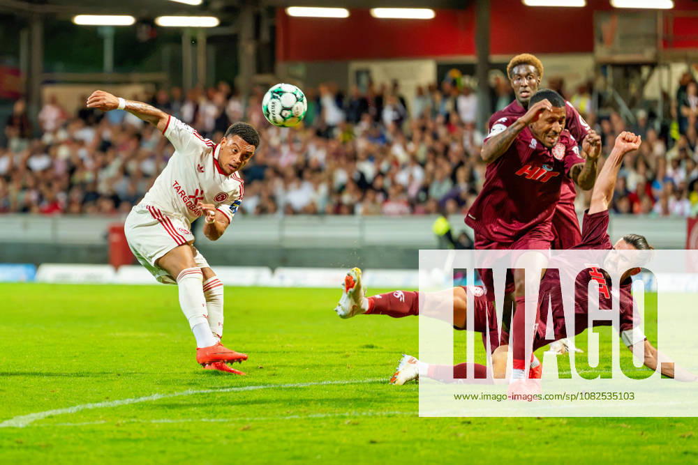 Steven van der Sloot (Fortuna Düsseldorf, 02) schießt und der Ball wird vom heranfliegenden David Al-Azzawe (Fortuna Koeln, 15) geblockt, Romeo Aigbekaen (Fortuna Koeln, 30), Salim Hadouchi (Fortuna Koeln, 17) Fortuna Köln vs. Fortuna Düsseldorf, Fussball, 3.Liga, 04.Spieltag, Saison 2026 27, 06.09.2026, DFL REGULATIONS PROHIBIT ANY USE OF PHOTOGRAPHS AS IMAGE SEQUENCES AND OR QUASI-VIDEO, Fortuna Köln vs. Fortuna Düsseldorf, Fussball, 3.Liga, 04.Spieltag, Saison 2026 27, 06.09.2026 Köln
