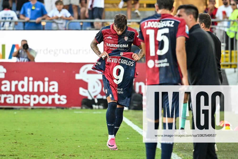 IPA88246324 - Daniel Maldini of Cagliari Calcio, Exultation, Joy, Celebration After Scoring a Goal, Kevin Carlos of Cagliari Calcio during the Cagliari Calcio vs. US Lecce Italian Serie A soccer match in Cagliari, Italy