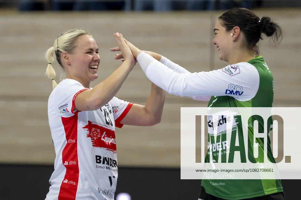 Alsco Handball Bundesliga Frauen, Saison 2026 2027 SV Union Halle-Neustadt vs.HSG Blomberg-Lippe Halle, Deutschland 09.September 2026: Im Bild:v.li.Lilli Röpke Roepke (Blomberg) und Torhueterin Lara Lepschi (Blomberg) Halle Saale SWH Arena Sachsen-Anhalt Deutschland