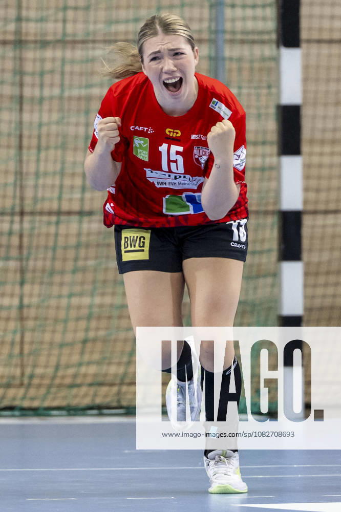 Alsco Handball Bundesliga Frauen, Saison 2026 2027 SV Union Halle-Neustadt vs.HSG Blomberg-Lippe Halle, Deutschland 09.September 2026: Im Bild:Fabienne Büch Buech (Halle) Jubel, Freude, Emotion, Torjubel, Torschuetze, Torschütze, Halle Saale SWH Arena Sachsen-Anhalt Deutschland