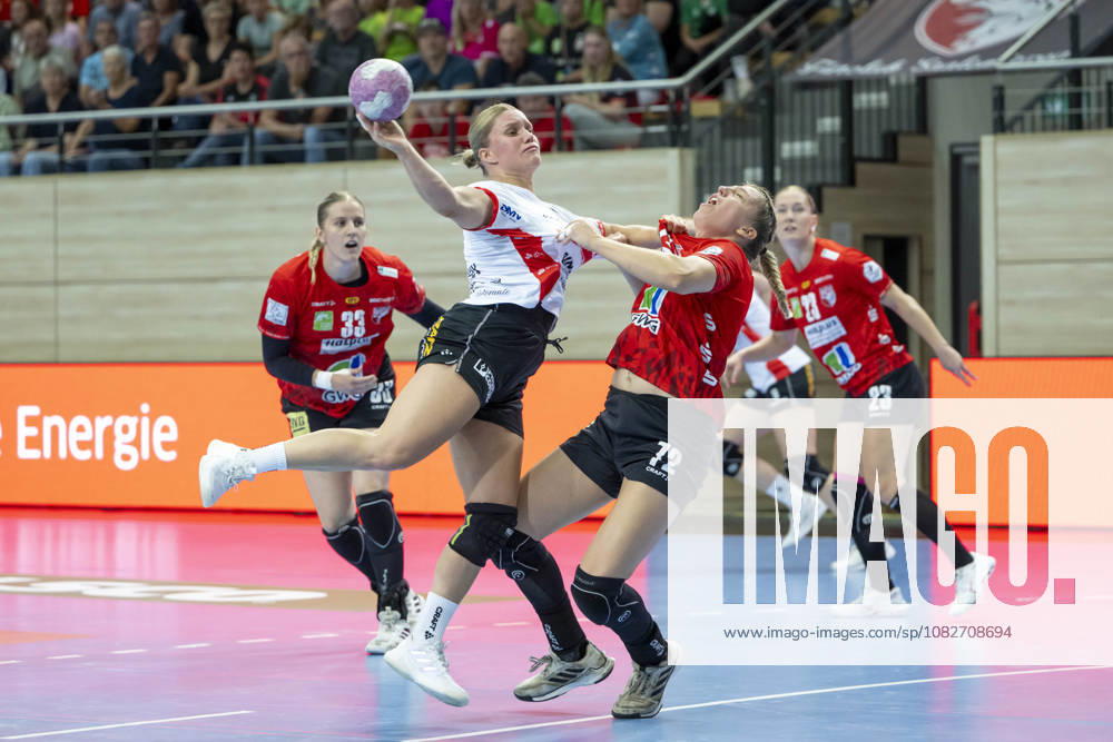 Alsco Handball Bundesliga Frauen, Saison 2026 2027 SV Union Halle-Neustadt vs.HSG Blomberg-Lippe Halle, Deutschland 09.September 2026: Im Bild:v.li.Laura Rüffieux (Blomberg) und Ilona Kieffer (Halle) Halle Saale SWH Arena Sachsen-Anhalt Deutschland