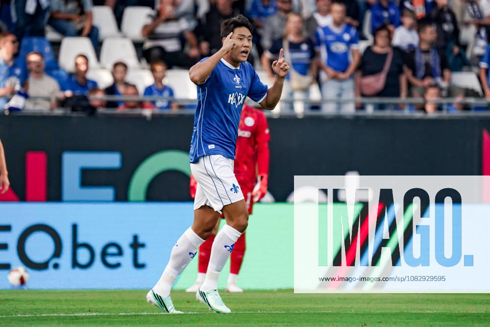 Deutschland: Fussball Saison 2026 2027 , 2. Bundesliga , 5. Spieltag , SV Darmstadt 98 vs. Arminia Bielefeld - Merck-Stadion am Böllenfalltor (Darmstadt) : Ho-Jae Lee (SV Darmstadt 98, 9) Tor und Torjubel zum 1:0, Geste, Gestik, Emotion Darmstadt Merck-Stadion am Böllenfalltor Deutschland Germany