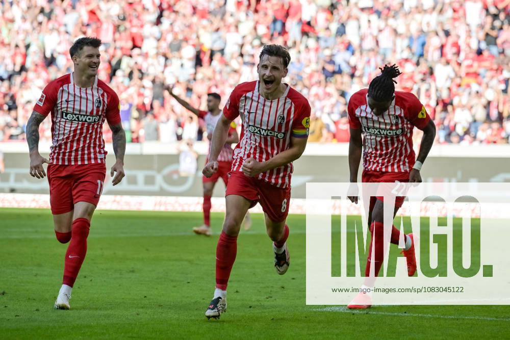 Jubel zum Tor zum 5:0 durch Maximilian Eggestein (SC Freiburg, 08) mit Lukas Kuebler (SC Freiburg, 17), Cyriaque Irie (SC Freiburg, 22) GER, SC Freiburg vs Bor. Moenchengladbach, Fussball, Bundesliga, 3. Spieltag, Saison 2026 2027, 12.09.2026 DFL DFB REGULATIONS PROHIBIT ANY USE OF PHOTOGRAPHS AS IMAGE SEQUENCES AND OR QUASI-VIDEO GER, SC Freiburg vs Bor. Moenchengladbach, Fussball, Bundesliga, 3. Spieltag, Saison 2026 2027, 12.09.2026 Freiburg