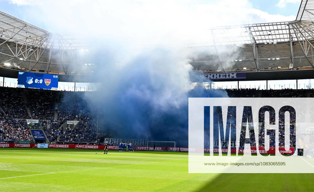 SNP Arena, Sinsheim, GER, 1.FBL, TSG Hoffenheim vs VfB Stuttgart , Blauer Rauch aus dem Hoffenheimer Fanblock. DFL regulations prohibit any use of photographs as image sequences and or quasi-video. (Photo by Hasan Bratic DeFodi Images) -
