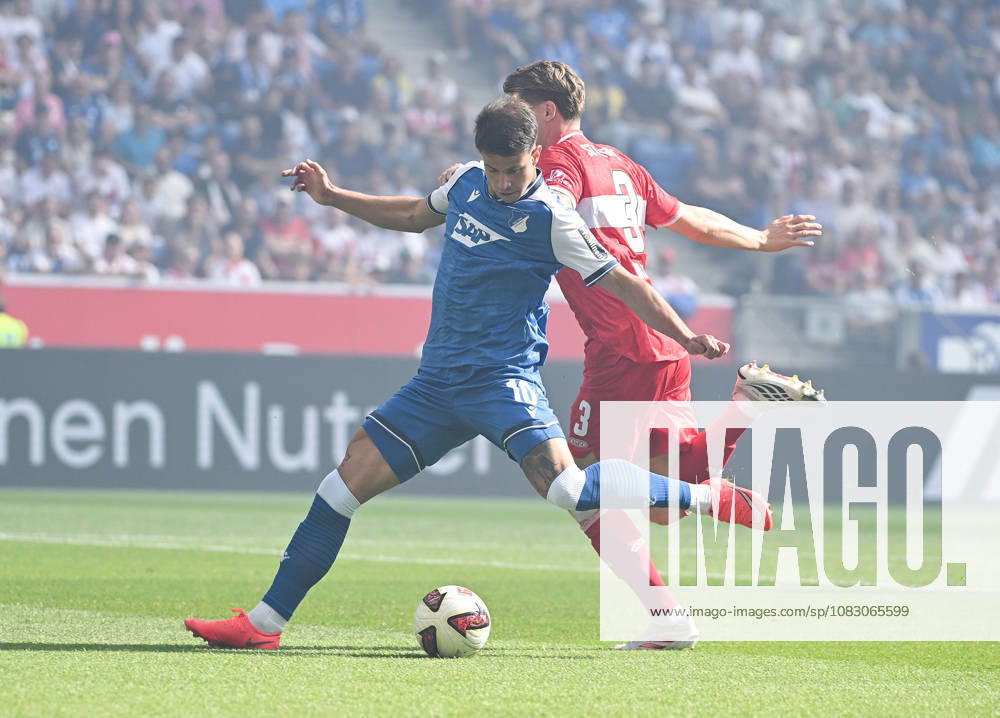 SNP Arena, Sinsheim, GER, 1.FBL, TSG Hoffenheim vs VfB Stuttgart , Adam Hlozek (Hoffenheim), Ramon Hendriks (Stuttgart) DFL regulations prohibit any use of photographs as image sequences and or quasi-video. (Photo by Hasan Bratic DeFodi Images) -