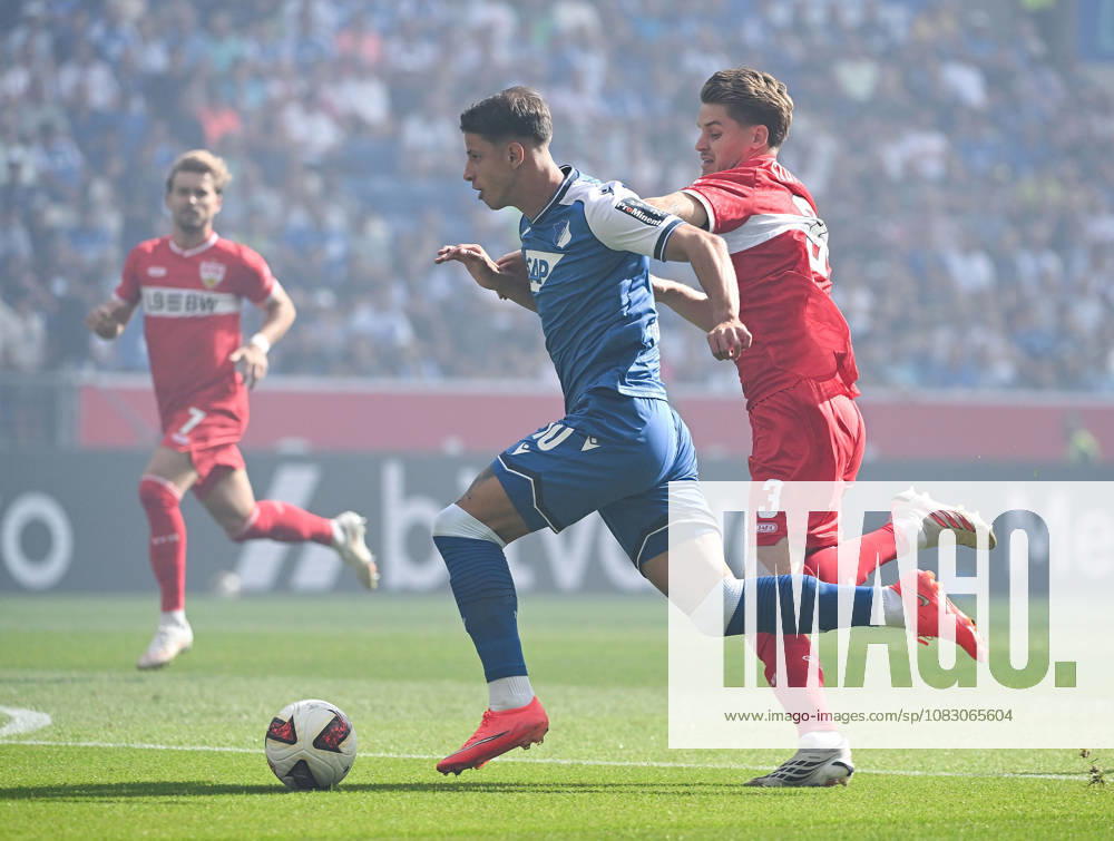 SNP Arena, Sinsheim, GER, 1.FBL, TSG Hoffenheim vs VfB Stuttgart , Adam Hlozek (Hoffenheim), Ramon Hendriks (Stuttgart) DFL regulations prohibit any use of photographs as image sequences and or quasi-video. (Photo by Hasan Bratic DeFodi Images) -