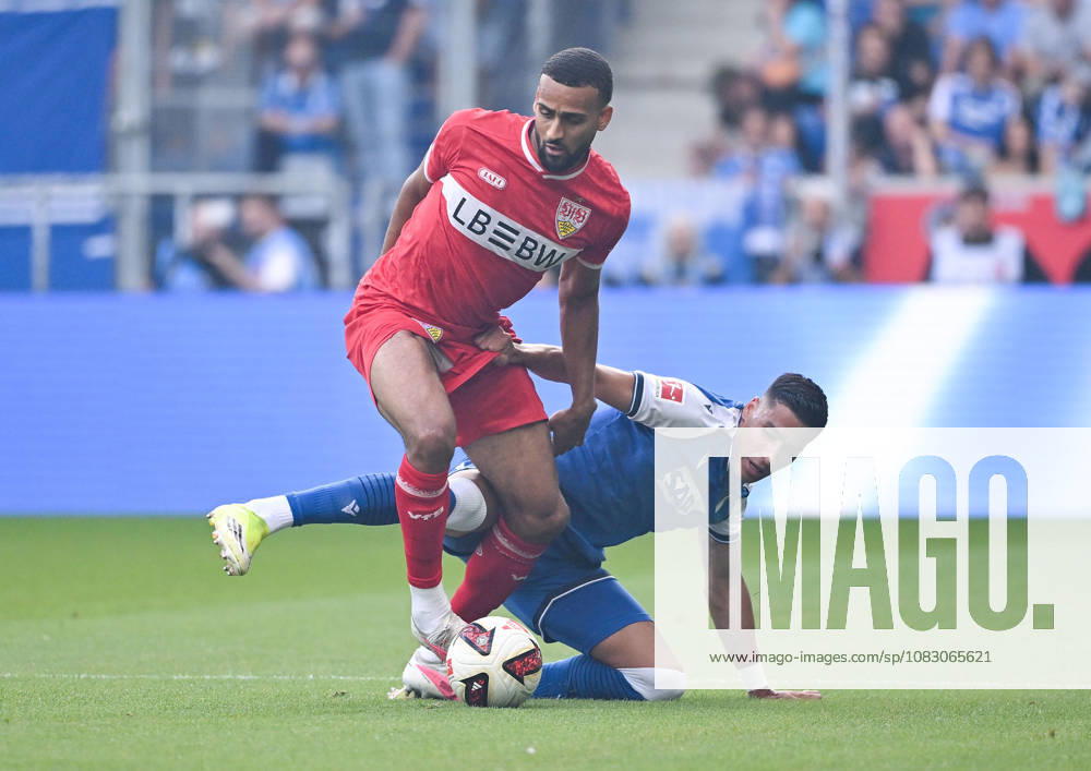 SNP Arena, Sinsheim, GER, 1.FBL, TSG Hoffenheim vs VfB Stuttgart , Josha Vagnoman (Stuttgart), Adam Daghim (Hoffenheim) DFL regulations prohibit any use of photographs as image sequences and or quasi-video. (Photo by Hasan Bratic DeFodi Images) -