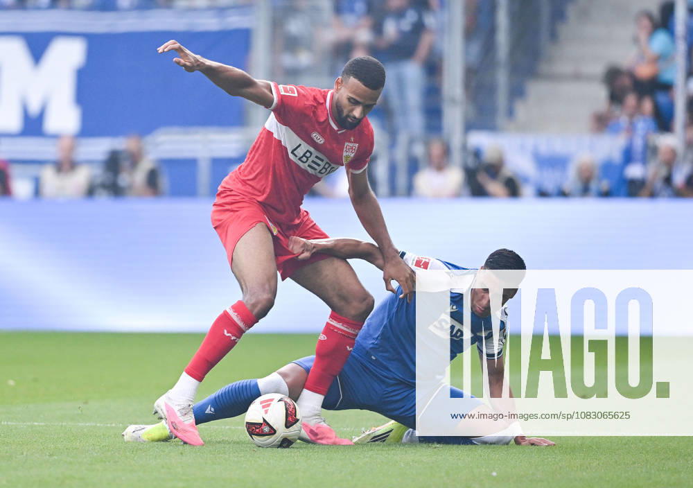 SNP Arena, Sinsheim, GER, 1.FBL, TSG Hoffenheim vs VfB Stuttgart , Josha Vagnoman (Stuttgart), Adam Daghim (Hoffenheim) DFL regulations prohibit any use of photographs as image sequences and or quasi-video. (Photo by Hasan Bratic DeFodi Images) -