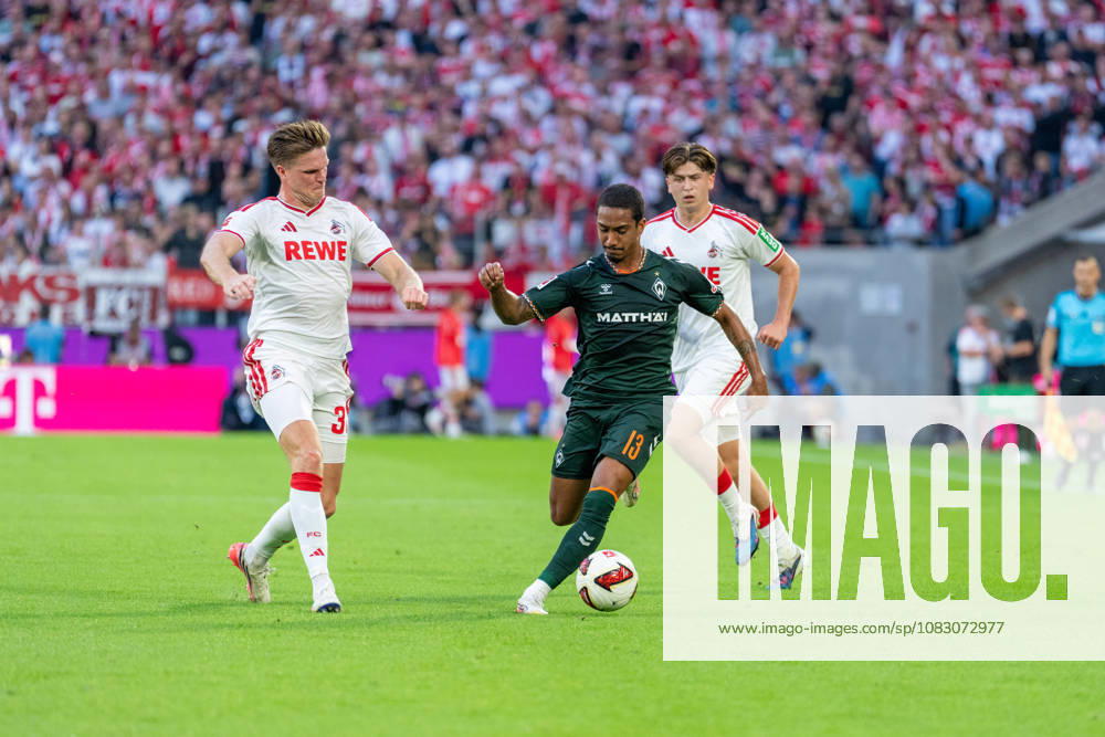 Marius Buelter (1.FC Koeln, 30) im Zweikampf mit Arthur (SV Werder Bremen, 13), Mikey Moore (1.FC Koeln, 47) 1.FC Köln vs. SV Werder Bremen, Fussball, Bundesliga, 3.Spieltag, Saison 2026 27, 12.09.2026, DFL REGULATIONS PROHIBIT ANY USE OF PHOTOGRAPHS AS IMAGE SEQUENCES AND OR QUASI-VIDEO, 1.FC Köln vs. SV Werder Bremen, Fussball, Bundesliga, 3.Spieltag, Saison 2026 27, 12.09.2026 Köln