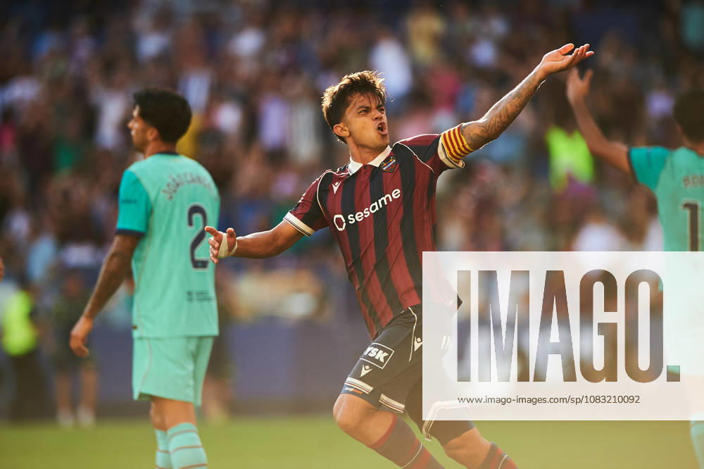 Roger Brugue (Levante UD) celebrates after scoring his team˜s second goal during the LaLiga EA Sports match between Levante UD and FC Barcelona, Barca at Estadi Ciutat de Valencia on September 13, 2026 in Valencia, Spain. -