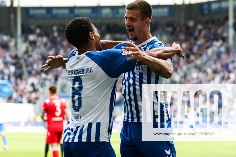 Torjubel - Torschütze Emmanuel Iyoha (1. FC Magdeburg,8) trifft zum 3-0 mit Mateusz Zukowski (1. FC Magdeburg,22) - 2. Fußball Bundesliga Saison 2026-2027 1. FC Magdeburg vs 1. FC Kaiserslautern in der Avnet Arena in Magdeburg - Aktion,Fußball,Mann,Männer,Deutschland