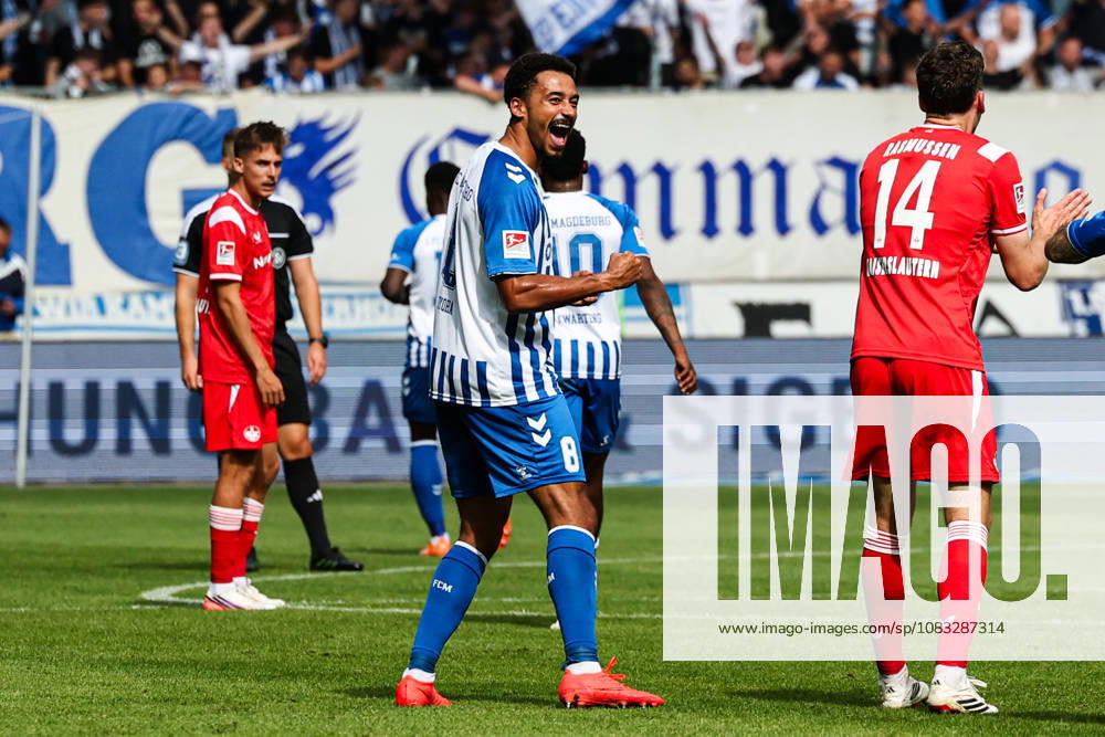 Torjubel - Torschütze Emmanuel Iyoha (1. FC Magdeburg,8) trifft zum 3-0 - 2. Fußball Bundesliga Saison 2026-2027 1. FC Magdeburg vs 1. FC Kaiserslautern in der Avnet Arena in Magdeburg - Aktion,Fußball,Mann,Männer,Deutschland