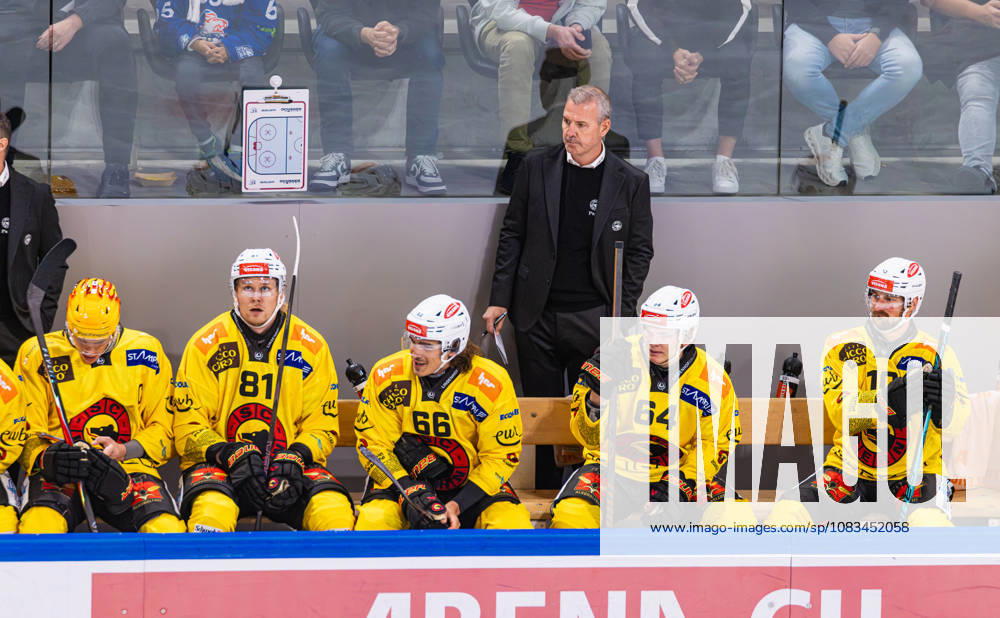 Ice hockey, Eishockey National League Regular Season - ZSC Lions vs. SC Ber Zurich, Switzerland, 15th Sep 2026: SC Bern head coach Serge Aubin on the players bench. In front of him are top scorer Waltteri Merelä, 81 Rodrigo Abols, 66 Sony Milano, 64 Mats Alge, and 10 Tristan Scherwey.