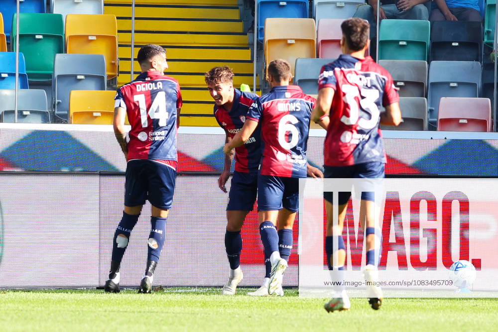 Cagliari s daniel maldini celebrates after scoring the 0-1 goal for his team during the Serie A soccer match between Udinese and Cagliari at the Friuli Stadium in Udine, north east Italy - September 19, 2026. - Soccer