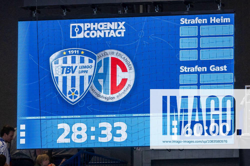Anzeigetafel mit dem Stand von 28:33 nach Abpfiff GER, TBV Lemgo Lippe vs. HC Erlangen, Handball, 1. Bundesliga, 5. Spieltag, Spielzeit 2026 2027, 20.09.2026 GER, TBV Lemgo Lippe vs. HC Erlangen, Handball, 1. Bundesliga, 5. Spieltag, Spielzeit 2026 2027, 20.09.2026 Lemgo