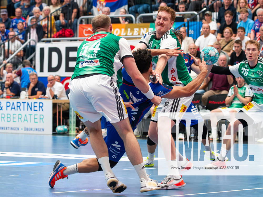 Justus Fischer (TSV Hannover-Burgdorf 54), Yonatan Dayan (HBW Balingen-Weilstetten 34), Lukas Stutzke (TSV Hannover-Burgdorf 39), HBW Balingen-Weilstetten vs. TSV Hannover-Burgdorf, Handball, DHB-Pokal, 2. Runde, Saison 2026 2027, 23.09.2026, HBW Balingen-Weilstetten vs. TSV Hannover-Burgdorf, Handball, DHB-Pokal, 2. Runde, Saison 2026 2027, 23.09.2026 Balingen