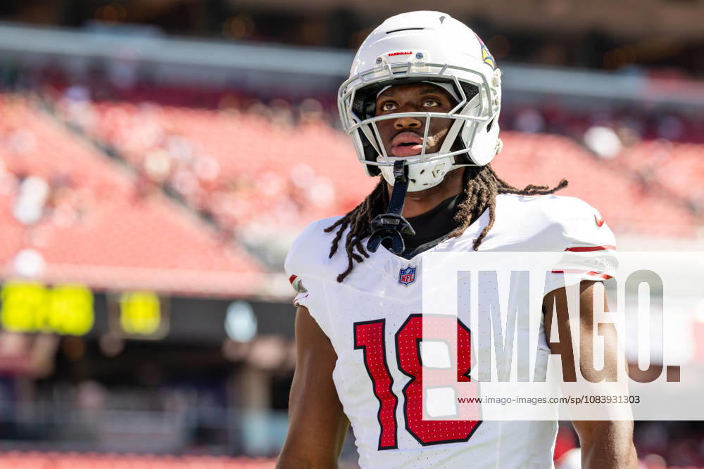 SANTA CLARA, CA - SEPTEMBER 27: Marvin Harrison Jr. 18 of the Arizona Cardinals heads to the locker room before an NFL, American Football Herren, USA game against the San Francisco 49ers on September 27, 2026 at Levi s Stadium in Santa Clara, CA. (Photo by Matthew Huang Icon Sportswire) NFL: SEP 27 Cardinals at 49ers Icon260927090