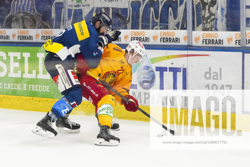 Quinto, Gottardo Arena, NL: HC Ambrì-Piotta v SCL Tigers: 22 Joel Salzgeber (Tigers) against 7 Isacco Dotti (Ambri) Quinto Gottardo Arena Ticino Switzerland