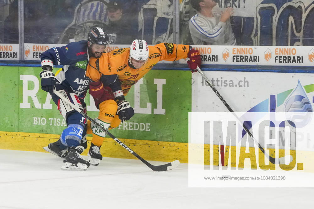 Quinto, Gottardo Arena, NL: HC Ambrì-Piotta v SCL Tigers: 77 Michael Joly (Ambri) against 20 Andre Petersson (Tigers) Quinto Gottardo Arena Ticino Switzerland