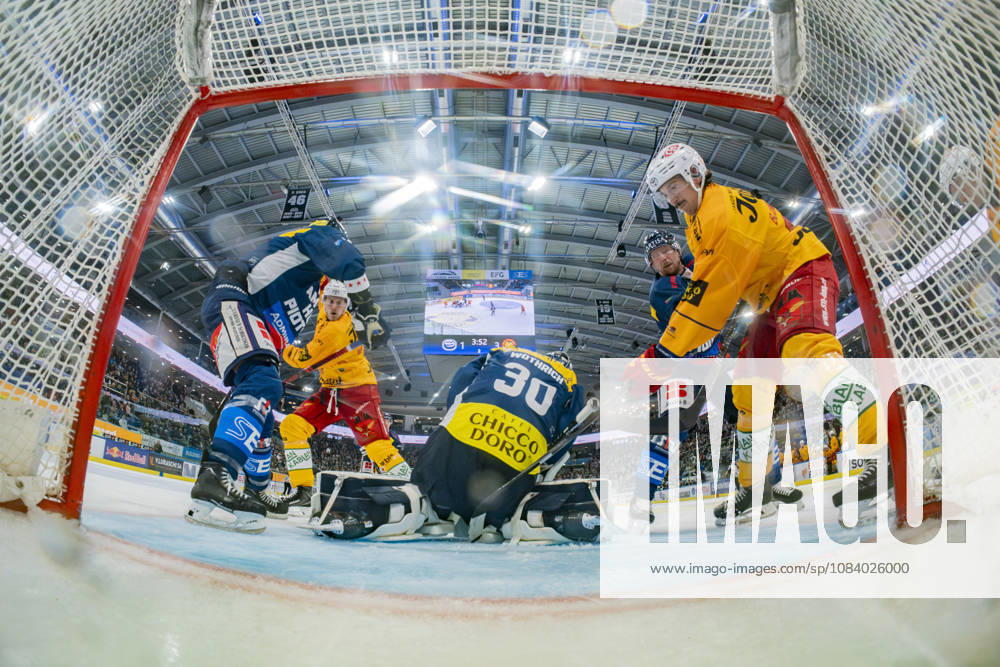 Quinto, Gottardo Arena, NL: HC Ambrì-Piotta v SCL Tigers: 30 goalkeeper Philip Wuthrich (Ambri) against 11 Hannes Bjorninen (Tigers) Quinto Gottardo Arena Ticino Switzerland