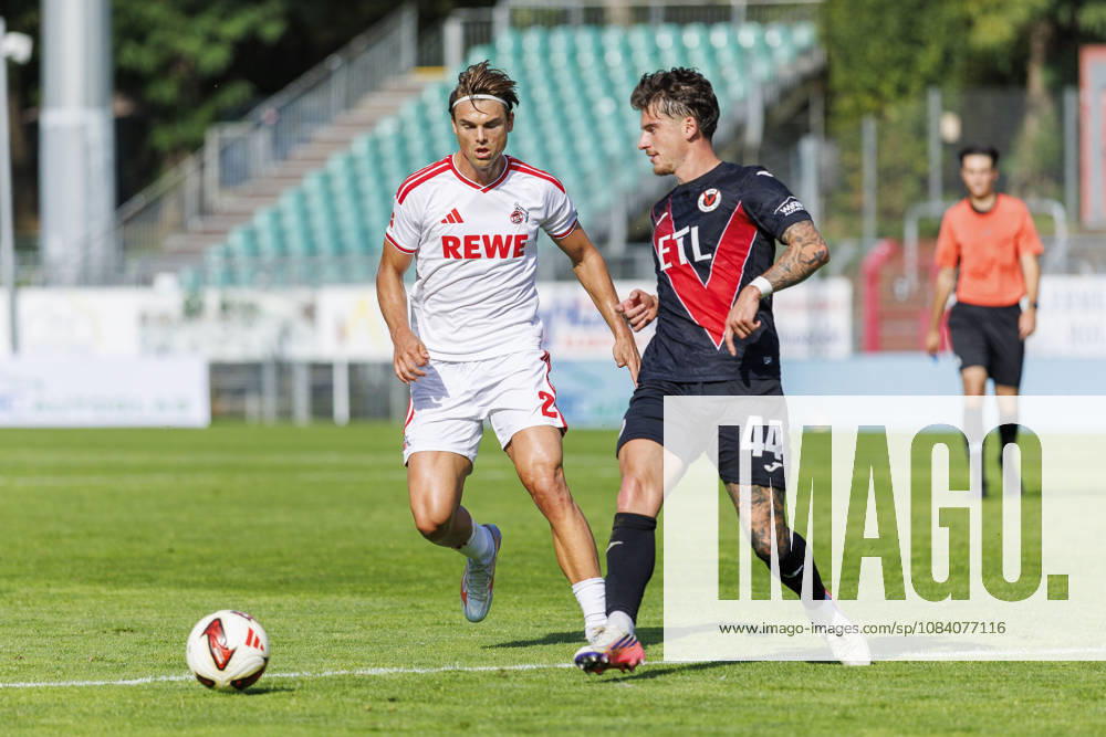 Joel Schmied (1. FC Köln, 2) and Niklas Castelle (FC Viktoria Köln, 44) during the friendly match between FC Viktoria Köln vs. 1. FC Köln at the Sportpark Hoehenberg on October 3, 2026 in Koeln, Germany. DFL REGULATIONS PROHIBIT ANY USE OF PHOTOGRAPHS AS IMAGE SEQUENCES AND OR QUASI-VIDEO. Nordrhein-Westfalen Germany