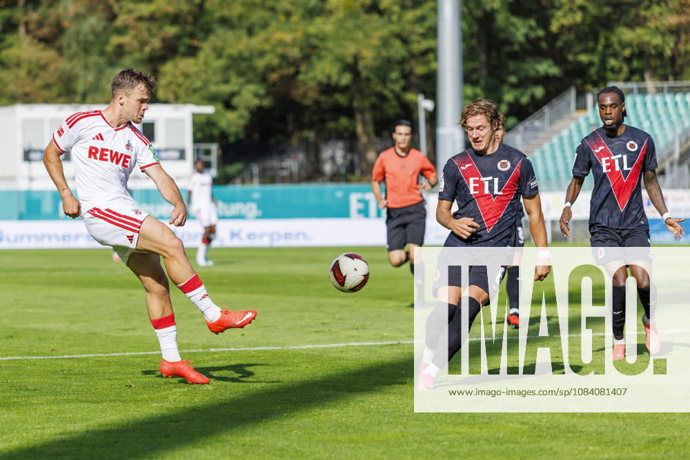 Thijs Dallinga (1. FC Köln, 27) and Tobias Eisenhuth (FC Viktoria Köln, 6) during the friendly match between FC Viktoria Köln vs. 1. FC Köln at the Sportpark Hoehenberg on October 3, 2026 in Koeln, Germany. DFL REGULATIONS PROHIBIT ANY USE OF PHOTOGRAPHS AS IMAGE SEQUENCES AND OR QUASI-VIDEO. Nordrhein-Westfalen Germany