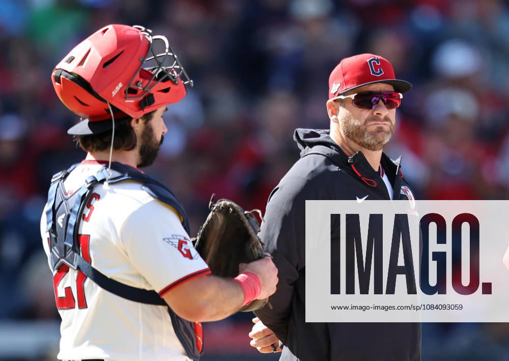 Cleveland Guardians manager Stephen Vogt stands on the mound for a pitcher change 5th inning against the Chicago White Sox in game one of the ALDS at Progressive Field in Cleveland, Ohio on Saturday, October 3, 2026. CLE202610032020 AARONxJOSEFCZYK