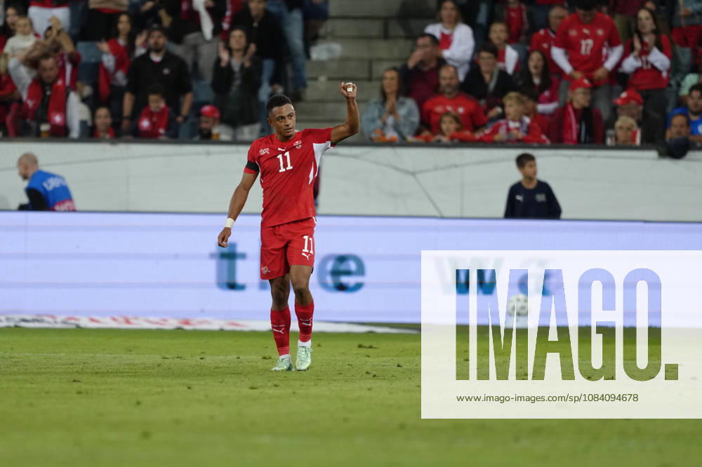 Dan Ndoye (11 SUI) celebrates his goal during the UEFA Nations League match between Switzerland and Slovenia at thermoplan arena on October 03, 2026 in Luzern, Switzerland.