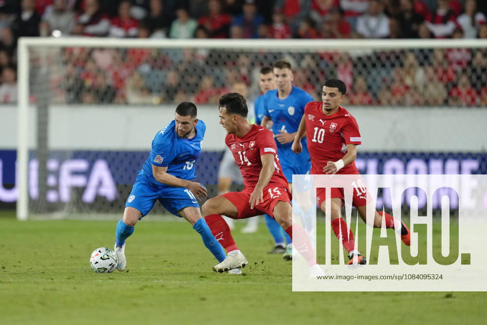 Mohamed Zeki Amdouni (10 SUI) and Mohameth Djibril Ibrahima Sow (15 SUI) against Zan Vipotnik (18 SLO) during the UEFA Nations League match between Switzerland and Slovenia at thermoplan arena on October 03, 2026 in Luzern, Switzerland.