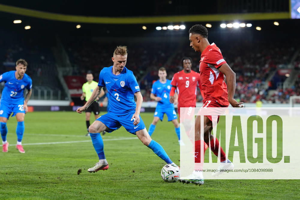 Dan Ndoye (11 SUI) against Zan Karnicnik (2 SLO) during the UEFA Nations League match between Switzerland and Slovenia at thermoplan arena on October 03, 2026 in Luzern, Switzerland.