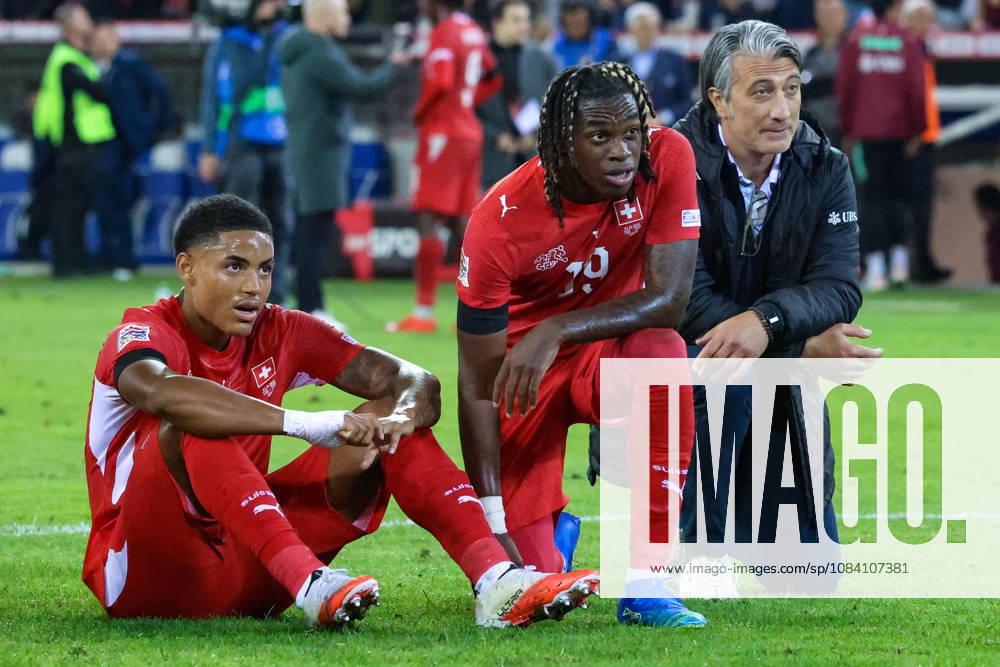 Murat Yakin (Head Coach Switzerland), Johan Manzambi (9 Switzerland) and Sascha Britschgi (2 Switzerland) after the UEFA Nations League match between Switzerland and Slovenia at thermoplan arena on October 3, 2026 in Lucerne, Switzerland.