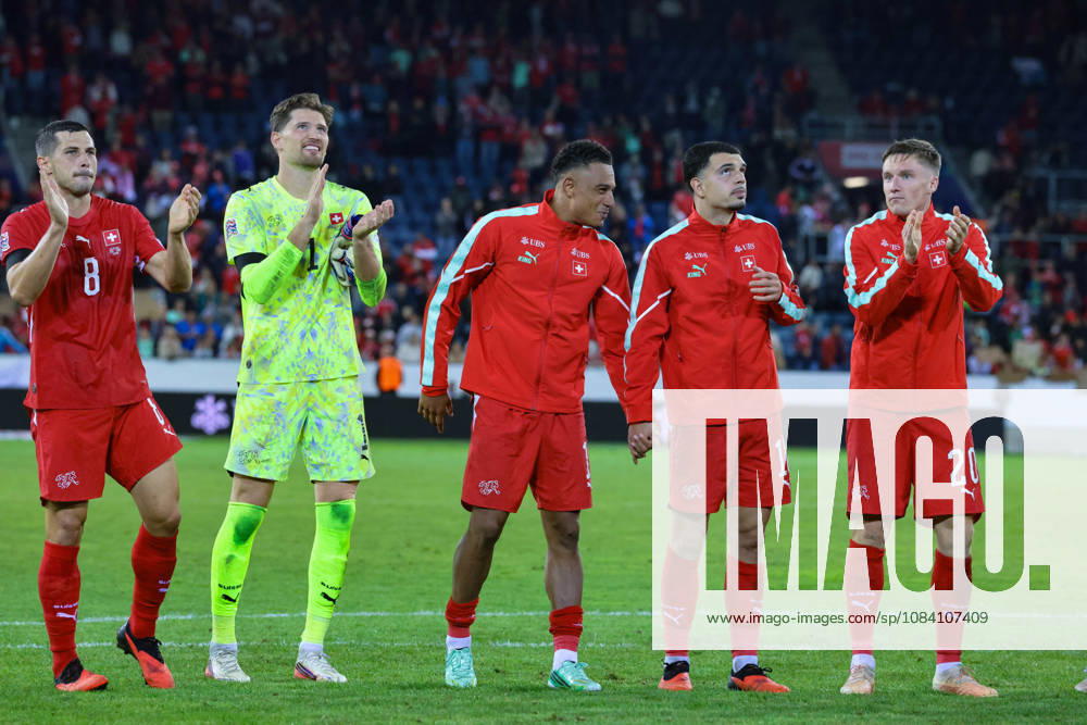 Remo Freuler (8 Switzerland), Gregor Kobel (1 Switzerland), Dan Ndoye (11 Switzerland), Zeki Amdouni (10 Switzerland) and Michel Aebischer (20 Switzerland) after the UEFA Nations League match between Switzerland and Slovenia at thermoplan arena on October 3, 2026 in Lucerne, Switzerland.