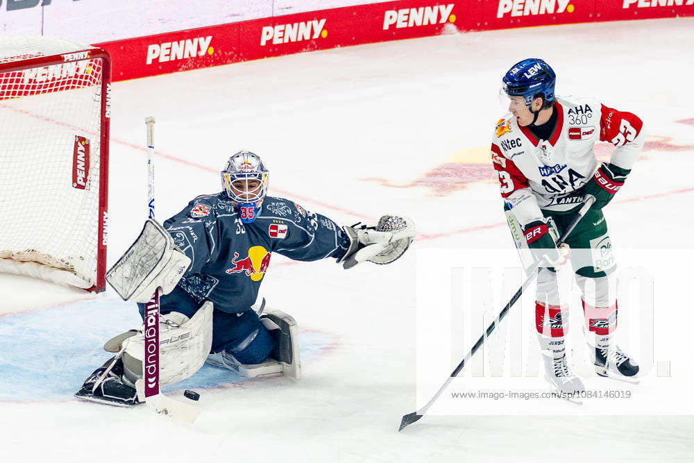 Mathias Niederberger (Torwart, EHC Red Bull Muenchen, 35) rettet gegen Jimmy Lambert (Augsburger Panther, 23) GER, EHC Red Bull Muenchen vs. Augsburger Panther, DEL, Saison 2026 2027, 6. Spieltag, 04.10.2026. Foto: HMB Media Franz Feiner