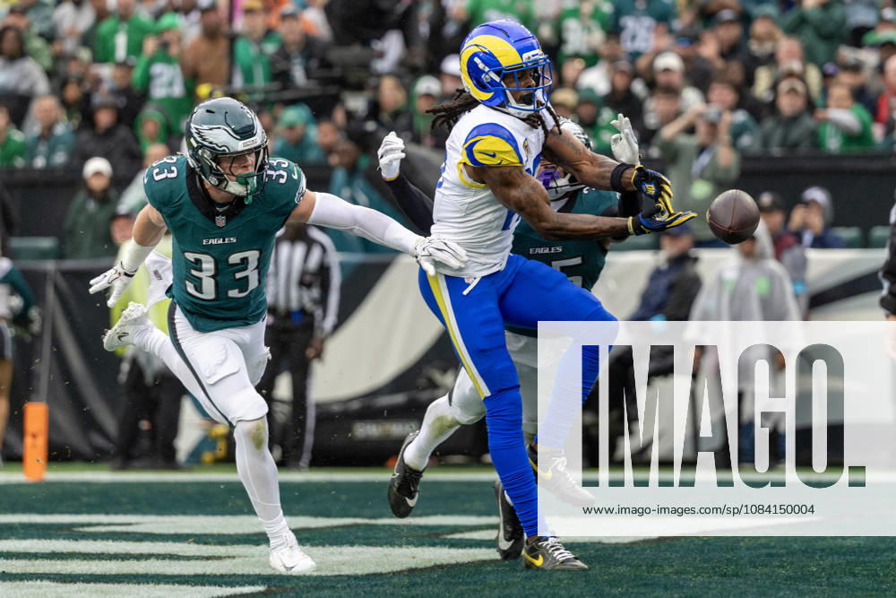 Philadelphia Eagles cornerback Cooper DeJean (33) and cornerback Michael Carter II (35) break up a pass in the end zone intended for Los Angeles Rams wide receiver Davante Adams (17) in the first quarter at Lincoln Financial Field in Philadelphia, Pennsylvania on Sunday, October 4, 2026. PHI20261004003 LAURENCExKESTERSON