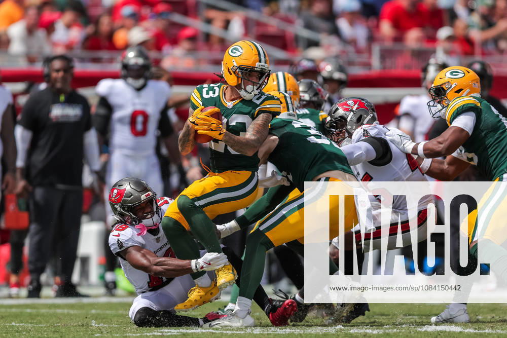 Oct 4, 2026; Tampa, FL, USA; Green Bay Packers wide receiver Skyy Moore (23) spins while returning a kickoff during the NFL, American Football Herren, USA game between the Green Bay Packers and Tampa Bay Buccaneers at Raymond James Stadium. Mandatory Credit: Taylor McFee-Cal Media NFL 2026: Packers Vs Buccaneers OCT 04 - ZUMAc04_ 20261004_zma_c04_067