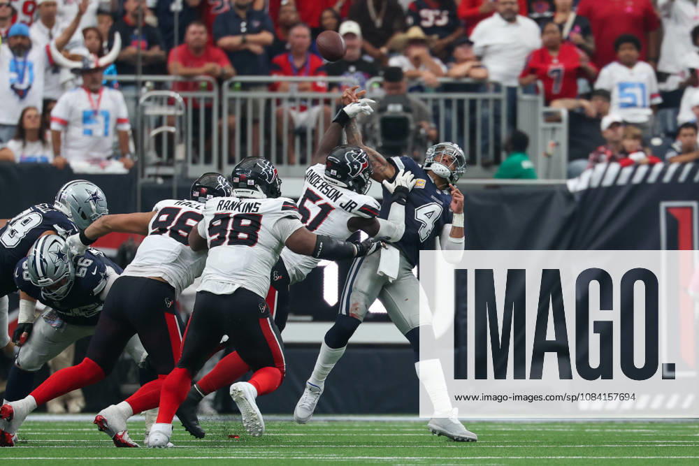 HOUSTON, TX - OCTOBER 04: Quarterback Dak Prescott 4 of the Dallas Cowboys is hit by defensive end Will Anderson Jr. 51 of the Houston Texans as he attempts a pass during the NFL, American Football Herren, USA football game between the Houston Texans and Dallas Cowboys on October 4, 2026, at Reliant Stadium in Houston, TX. (Photo by David Buono Icon Sportswire) NFL: OCT 04 Cowboys at Texans Icon241004037