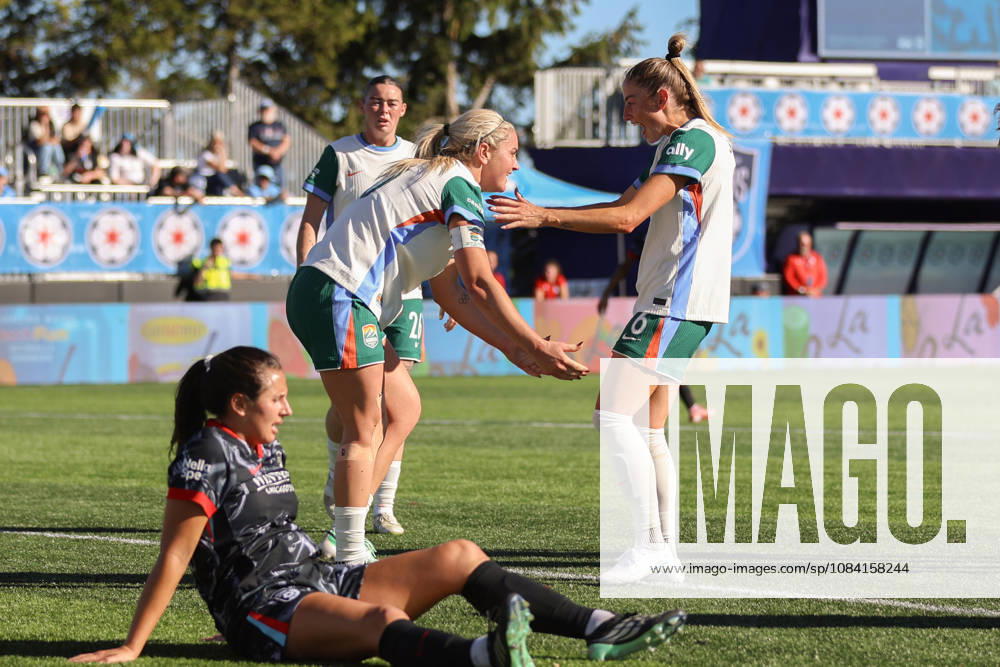 Lindsey Heaps (10 Denver Summit FC) and Janine Sonis (6 Denver Summit FC) celebrates after the second goal during the game between the Chicago Stars FC and Denver Summit FC at Northwestern Medicine Field at Martin Stadium on Sunday, October 4 in Evanston, USA