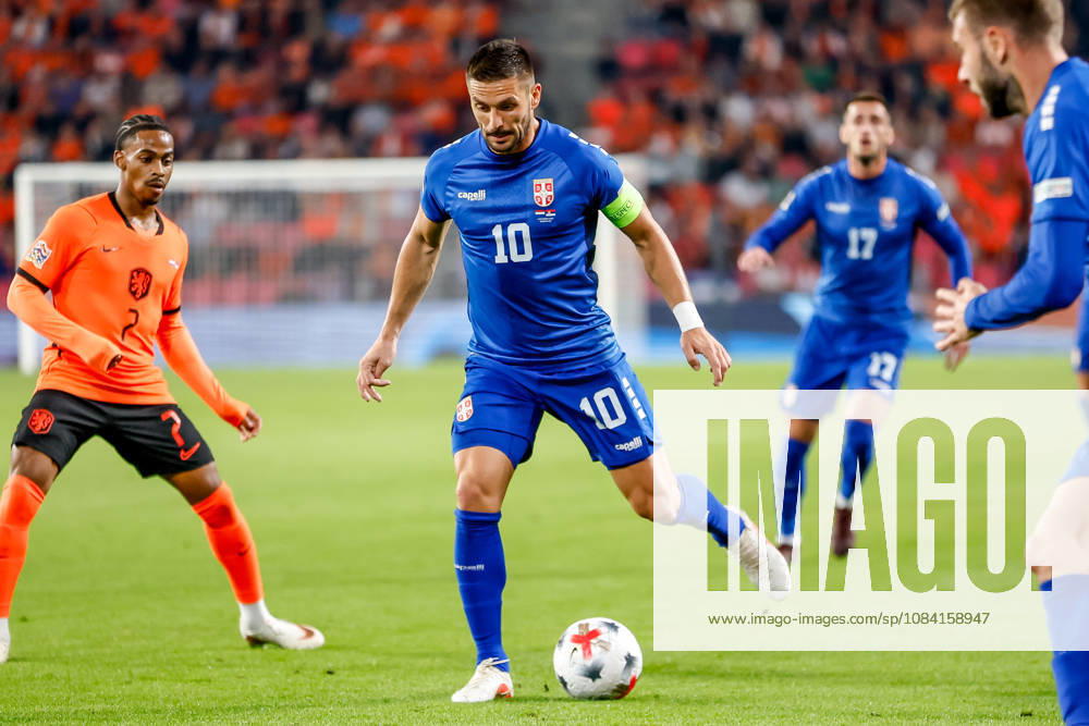 Dusan Tadic of Serbia dribbles with the ball during the UEFA Nations League 2026 27 Group A2 MD4 match between Netherlands and Serbia at Philips Stadion on October 04, 2026 in Eindhoven, Netherlands.