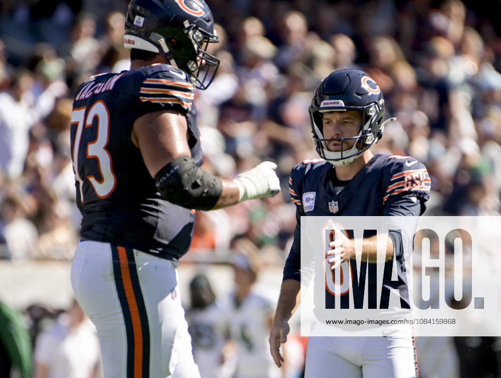 Chicago Bears place kicker Cairo Santos (8) celebrates a second quarter field goal against the New York Jets at Soldier Field in Chicago on Sunday, October 4, 2026. CHI20261004141 MARKxBLACK